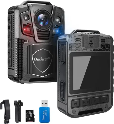 ONCHEER 1080P Patrol Police - Cámara infrarroja de visión nocturna con tarjeta SD Kingston 64G, clip de hombro y cintura, grabadora de audio Vedio