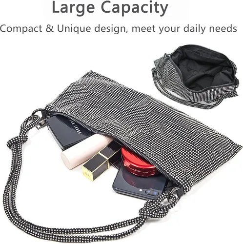 Miniatura 3 de Bolso Hobo con diamantes de imitación para mujer, elegante bolso de noche brillante plateado con diamantes de imitación, bolso dorado