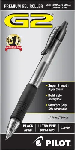 Pilot - Bolígrafos en gel G2, con punta rodante, recargables y retráctiles de alta calidad, punta ultrafina, tinta negra, paquete de 12 unidades