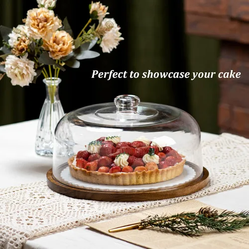Miniatura 2 de ANBOXIT Soporte para pasteles con tapa de cúpula, plato de madera de acacia con tapa, soporte de exhibición de pastel de madera con cúpula acrílica