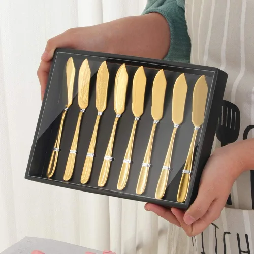 Miniatura 2 de Buyer Star Juego de 8 cuchillos de mantequilla, juego de esparcidor de queso dorado de acero inoxidable 18/10 en caja de regalo negra para fiestas