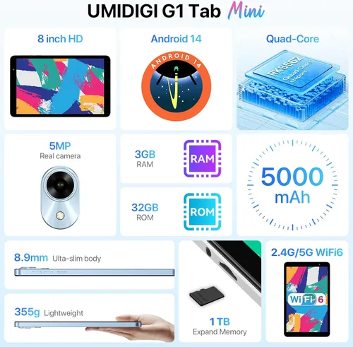 Miniatura 2 de UMIDIGI G1 Tab mini Android 14 Nueva Tablet 2024, 7(3+4)GB+32GB 1TB expandible, Modelo Wi-Fi 6, Tablet de 8 pulgadas con procesador Quad-Core hasta