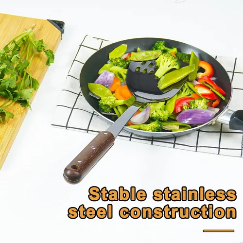 Miniatura 5 de FJNATINH Espátula Wok de acero inoxidable, cucharón, juego de herramientas de cucharón de espumadera, utensilios de cocina pulidos con mango de Negro