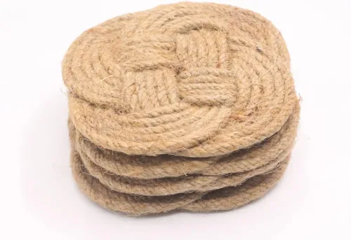 Miniatura 5 de Juego de 4 posavasos con soporte de caja de madera, posavasos absorbentes para bebidas y mesa de café, posavasos hechos a mano con cuerda de yute