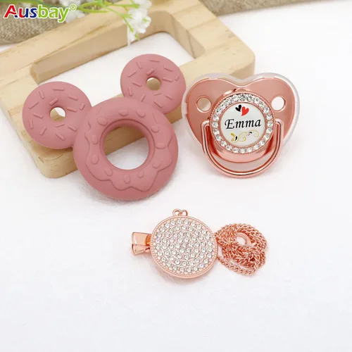 Miniatura 5 de Juego de chupete personalizado y clip para chupete con nombre, chupete personalizado, nombre y cadena personalizados, juguetes mordedores de Dorado