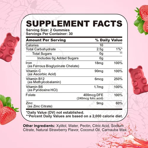 Miniatura 6 de Suplemento de hierro para mujeres y hombres, suplemento multivitamínico de hierro constructor de sangre con folato, vitamina C, B12, B6, zinc
