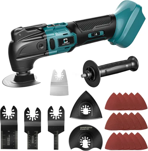 Herramienta oscilante inalámbrica compatible con batería Makita, herramienta de motor sin escobillas de 21000 OPM máx con mango auxiliar, Azul