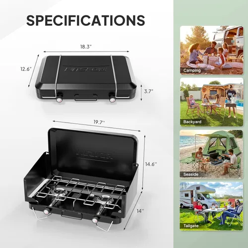 Miniatura 6 de ROVSUN 20000 BTU Propane Camping Stove with Adapter, 2 Burner Tabletop Portable Propane Camp Stove with Built-in Handle & Foldable Wind Panel for