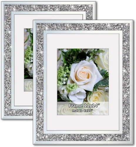 Marco de fotos de espejo de boda de diamante triturado, marco de fotos de cristal plateado para fotografía de tamaño 11 x 14 pulgadas con paspartú