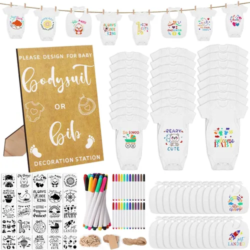 Juego de 201 piezas para baby shower, letrero de juego para baby shower, babero de bebé, mono blanco, babero blanco para bebé, mono para recién