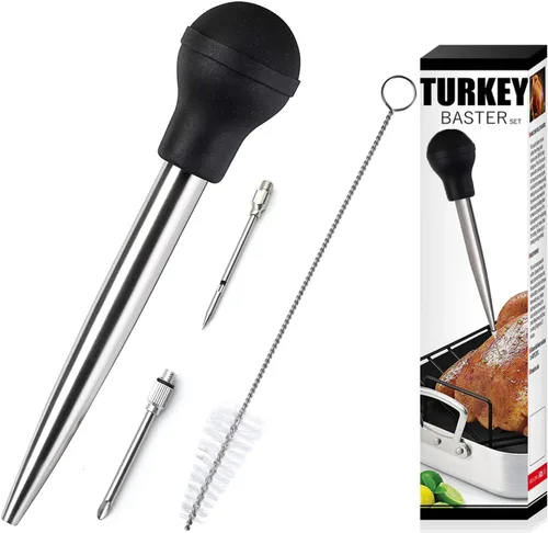 Baster de acero inoxidable para pavo con cepillo de limpieza, jeringa de grado alimenticio para cocinar y rociar con 2 agujas inyectoras de adobo,