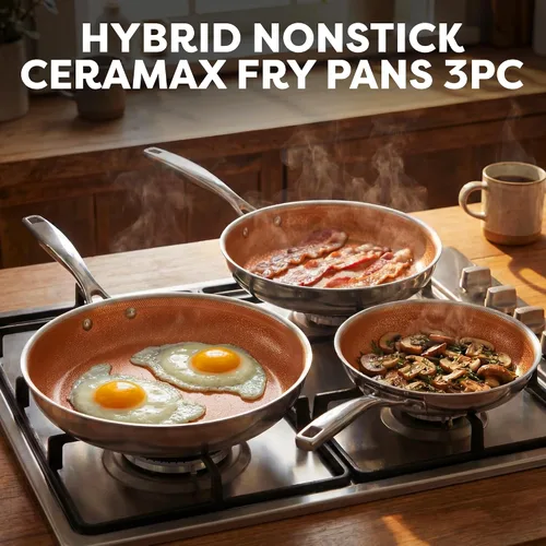 Miniatura 2 de CERAMAX Gotham Steel Hybrid - Juego de 3 sartenes antiadherentes de acero inoxidable de 8, 10 y 12 pulgadas, listo para inducción, fabricado sin
