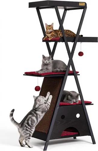 Miniatura 8 de Moderno árbol de madera para gatos de interior grande y adulto, 67 pulgadas de alto, varios niveles, resistente, condominio, muebles con cuevas