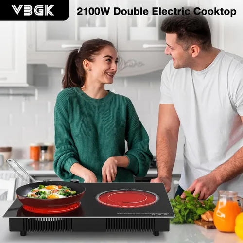 Miniatura 2 de VBGK - Estufa eléctrica de 2 quemadores, 2100W, para integrar en encimera y sobremesa, estufa eléctrica con 10 niveles de calefacción, temporizador