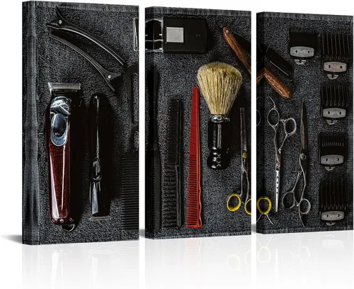 YeiLnm Arte de pared de peluquería grande de 3 piezas, vintage, clásico, herramientas de corte de pelo, fotos, pósters, impresiones de obras de arte