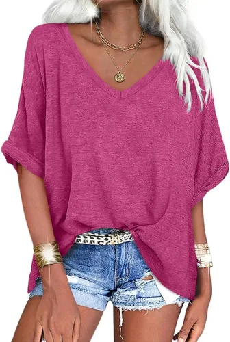 Miniatura 10 de UNCLECAT Camisetas de gran tamaño con cuello en V para mujer, camisas de manga corta de verano, holgadas, casuales