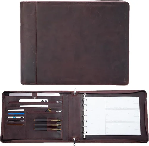 Miniatura 9 de Carpeta de 7 anillos de piel auténtica, soporte para cuaderno de cheques de negocios, 3 en una página para 600 cheques (9 x 13 pulgadas), carpeta