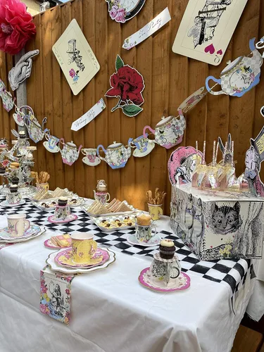 Miniatura 6 de Guirnalda de banderines de tetera Alicia en el País de las Maravillas de 13 pies, decoración temática para fiesta de té, cumpleaños, té de la tarde