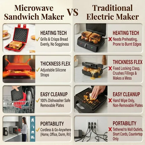 Miniatura 5 de Sandwichera para microondas, tostadora de microondas con correa de silicona ajustable, extraíble antiadherente para microondas a la parrilla