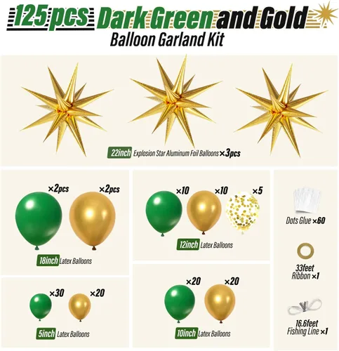 Miniatura 2 de FOTIOMRG Kit de arco de globos verdes y dorados con 3 globos de estrella, globos verde oscuro verde oscuro de bosque esmeralda, globos metálicos