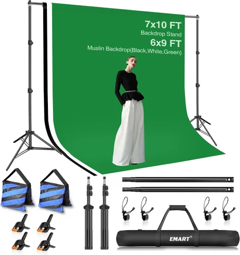 EMART Kit de soporte de fondo para estudio de video fotográfico, sistema de soporte de fotografía ajustable de 7 x 10 pies con fondo de poliéster