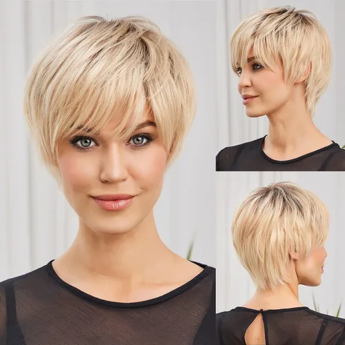Miniatura 8 de HAIRCUBE Pelucas rubias de corte Pixie para mujer, estilo ondulado natural, peluca de encaje sintético resistente al calor con parte superior