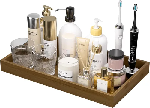 Miniatura 19 de Bandeja de tocador de baño para mostrador, bandeja decorativa de baño de bambú, bandeja de perfume para decoración del hogar, 11.3 pulgadas de largo