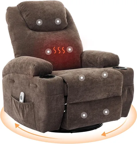 Miniatura 9 de Silla reclinable giratoria de 360° con masaje y calor para adultos, silla reclinable eléctrica con cojín suave y bolsillo lateral, cómoda mecedora