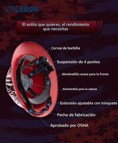 Miniatura 2 de LANON Casco duro de ala completa, aprobado por OSHA para trabajos de construcción, diseño de bandera estadounidense premium, casco de seguridad FRP