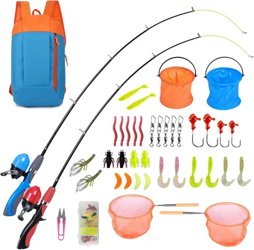 Urban Deco Kit de caña de pescar para niños, 2 unidades, caña de pescar telescópica portátil para niños con caja de aparejos, 2 redes de pesca y 2