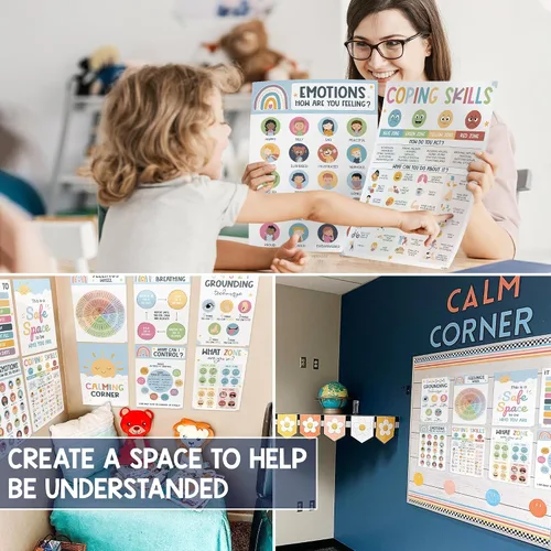Miniatura 5 de 12 pósteres bohemios relajantes para el aula, tabla de ruedas de sentimientos y póster de emociones para niños, suministros de esquina para terapia