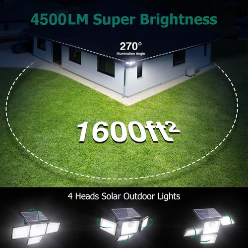 Miniatura 4 de Luces solares de 4500 lm para exteriores, 4 cabezales ajustables, luces con sensor de movimiento, 3 modos, luces de pared de seguridad solar