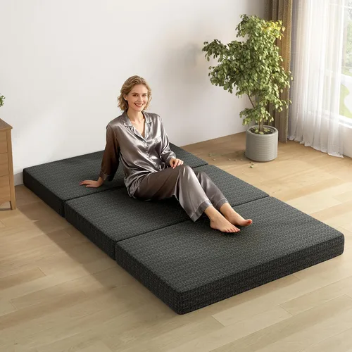 Miniatura 2 de Colchón de espuma viscoelástica de tres pliegues, colchón portátil tamaño Queen de 4 pulgadas, tapete plegable para viajes, campamento y yoga, funda
