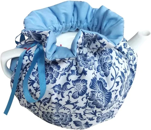 Tetera de algodón acogedora con diseño de flores azules, vintage, decorativa, a prueba de polvo, con almohadilla aislante para mantener el té