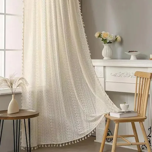 Miniatura 64 de Deeprove Cortinas bohemias para dormitorio, rayas huecas de ganchillo crema y estampado floral, tela de lino de algodón, con borlas beige bohemias