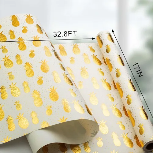 Miniatura 7 de Flyhill - Rollo de papel kraft de piña en lata - 17 pulgadas X 33 pies - Diseño de papel de regalo con piña 3D en relieve metálico dorado