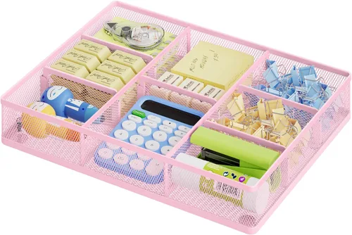 Miniatura 13 de Marbrasse Organizador de cajones de escritorio, bandeja organizadora de cajones de malla metálica con 5 compartimentos ajustables, organizadores