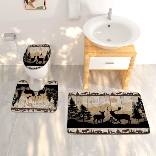 Miniatura 2 de Misty Forest Deer 2 piezas tablero de madera animales salvajes alce rústico naturaleza niebla caza cabaña árbol selva alfombra de baño en forma de U