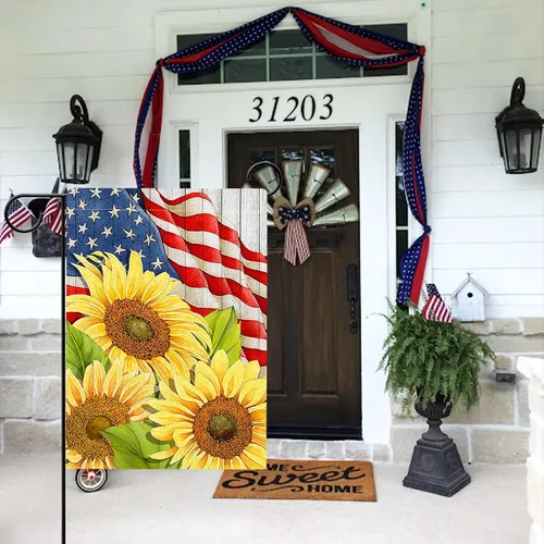 Miniatura 6 de Hzppyz Bandera patriótica de jardín de primavera y verano con girasoles del 4 de julio, Día de los Caídos, decoración para exteriores de doble cara