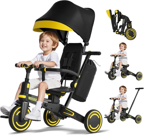 WinHope Triciclo de empuje 9 en 1 para niños pequeños de 1 a 3 años, triciclo convertible para niños con asa de empuje y cinturón de seguridad, Negro