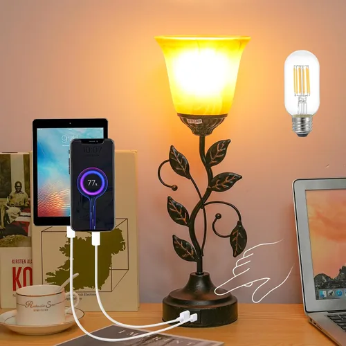Lámpara de mesa con control táctil, lámpara de vid de hojas vintage, lámpara de noche decorativa, lámpara de escritorio regulable con puertos de