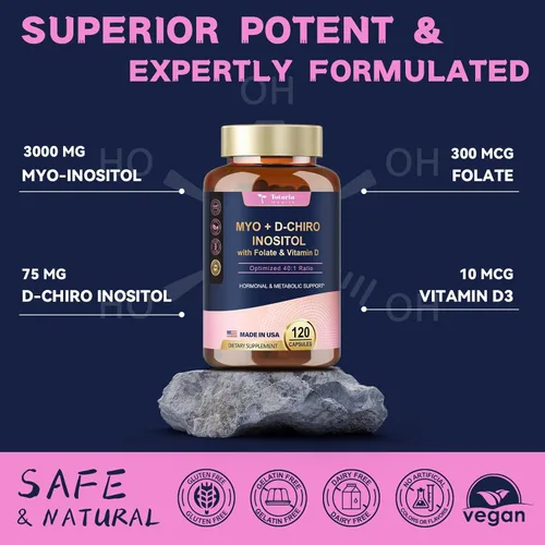 Miniatura 5 de Totaria Suplemento de inositol para mujeres con vitamina D3, folato, proporción 40:1 mio-inositol y complejo D-quiro inositol, cápsulas de inositol