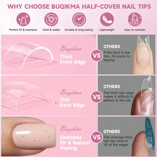 Miniatura 4 de Buqikma 500 puntas de uñas cortas para uñas acrílicas, puntas artificiales cortas transparentes para manicura con caja (caja rosa con puntas)