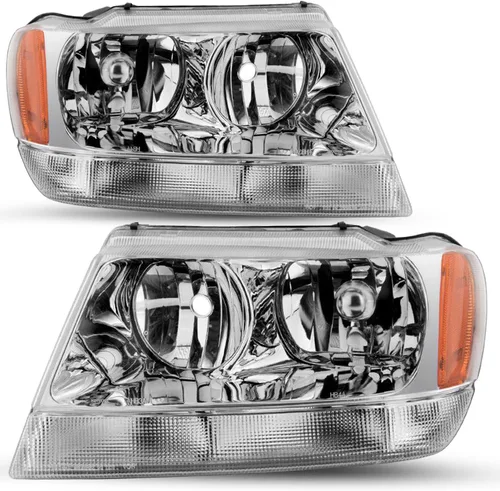 Miniatura 11 de SOCKIR Conjunto de faros delanteros compatible con Jeep Grand Cherokee 1999-2004 halógeno (carcasa negra, parte inferior ámbar, con bombillas)