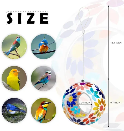 Miniatura 7 de VCUTEKA Comedero para Pájaros de Mosaico Tipo Fly Through para Exterior Colgante con Recipiente de Vidrio de Forma Redonda para Atraer Más Aves