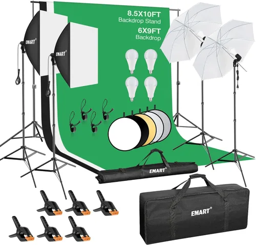 Miniatura 2 de EMART Sistema de soporte de telón de fondo de 8.5 x 10 pies, kit de iluminación profesional para fotografía con bombilla LED de 50 W, reflector, 3
