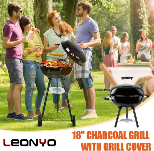 Miniatura 2 de Leonyo - Parrilla de carbón portátil de 18 pulgadas, ahumador redondo con ruedas y tapa esmaltada de porcelana para cocinar al aire libre