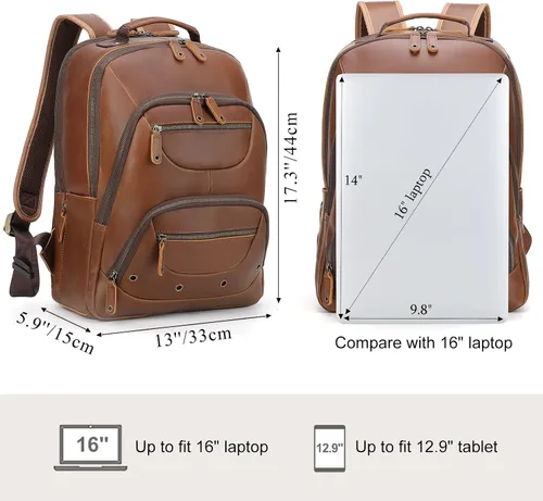 Miniatura 5 de TIDING Mochila de cuero para hombre para laptop de 16 pulgadas y 15.6 pulgadas, bolsa de trabajo vintage de viaje de negocios, mochila grande
