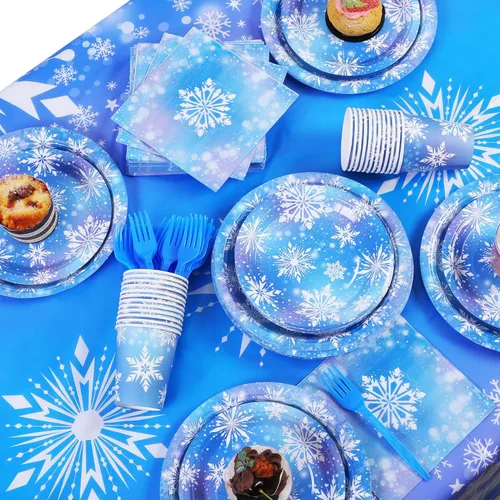 Miniatura 4 de durony 145 piezas de suministros de fiesta de cumpleaños de Frozen, vajilla desechable, platos de papel de copo de nieve de invierno, servilletas