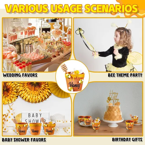 Miniatura 3 de Meekoo - Juego de 16 mini macetas de abeja con cubos de madera, tarros de miel para maceteros de cupcakes, chips de chocolate, temática de abeja